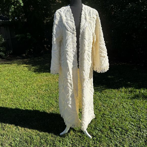 Handmade Chenille Duster Jacket, Fringe Upcycled Bedspread Boho Coat Cottage - Picture 11 of 11